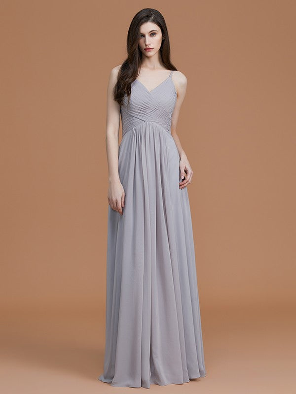 A-Line/Princess Spaghetti Straps Sleeveless Floor-Length Ruched Chiffon Bridesmaid Dresses Evening Dress