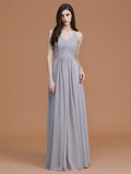 A-Line/Princess Spaghetti Straps Sleeveless Floor-Length Ruched Chiffon Bridesmaid Dresses Evening Dress