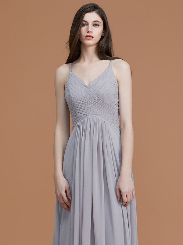 A-Line/Princess Spaghetti Straps Sleeveless Floor-Length Ruched Chiffon Bridesmaid Dresses Evening Dress