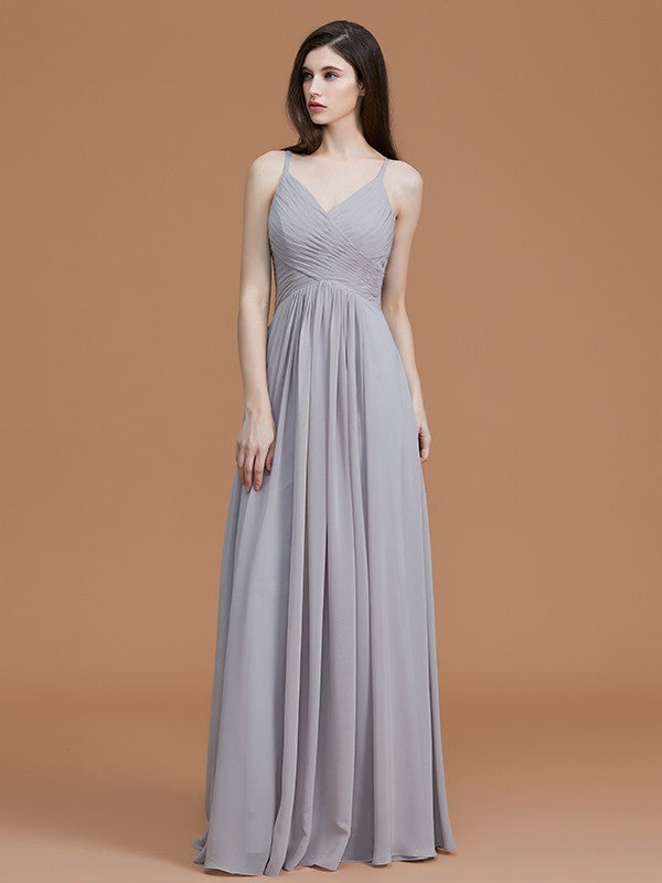 A-Line/Princess Spaghetti Straps Sleeveless Floor-Length Ruched Chiffon Bridesmaid Dresses Evening Dress