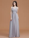 A-Line/Princess Spaghetti Straps Sleeveless Floor-Length Ruched Chiffon Bridesmaid Dresses Evening Dress