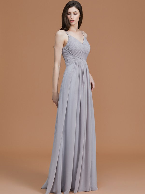 A-Line/Princess Spaghetti Straps Sleeveless Floor-Length Ruched Chiffon Bridesmaid Dresses Evening Dress