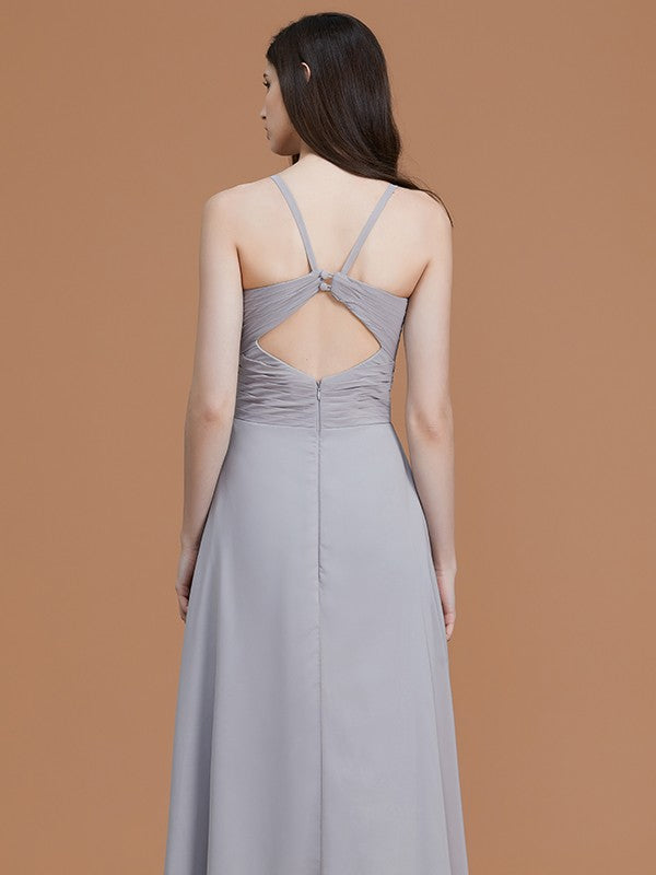 A-Line/Princess Spaghetti Straps Sleeveless Floor-Length Ruched Chiffon Bridesmaid Dresses Evening Dress