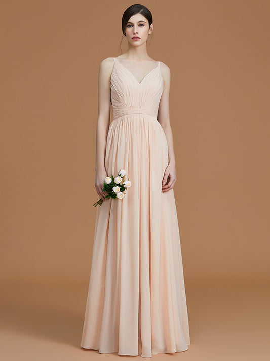 A-Line/Princess V-neck Sleeveless Floor-Length Ruffles Chiffon Bridesmaid Dresses Evening Prom Dress