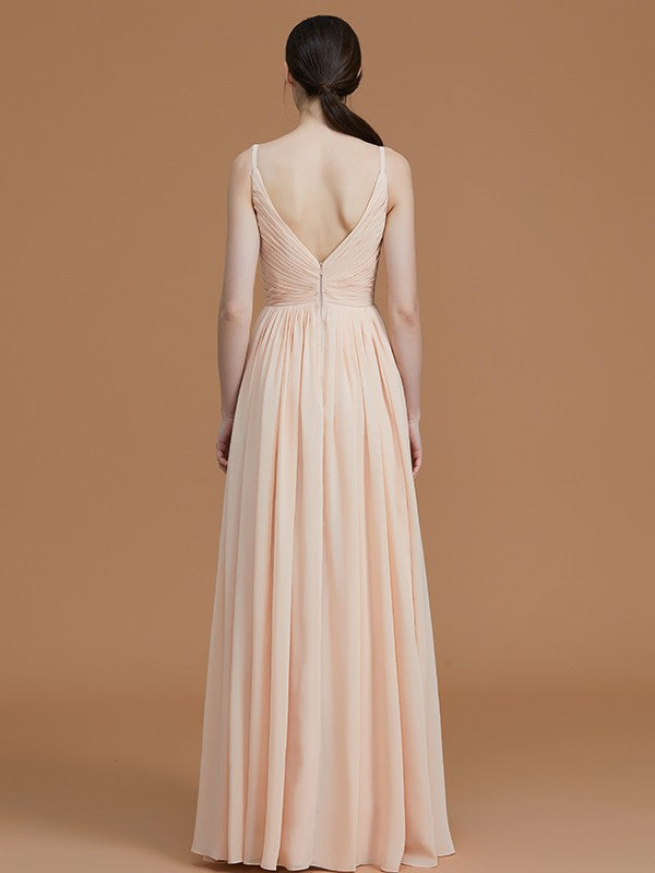 A-Line/Princess V-neck Sleeveless Floor-Length Ruffles Chiffon Bridesmaid Dresses Evening Prom Dress