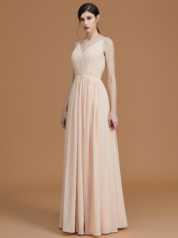 A-Line/Princess V-neck Sleeveless Floor-Length Ruffles Chiffon Bridesmaid Dresses Evening Prom Dress