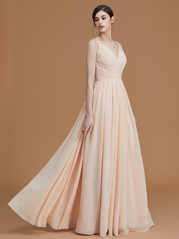 A-Line/Princess V-neck Sleeveless Floor-Length Ruffles Chiffon Bridesmaid Dresses Evening Prom Dress