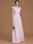 A-Line/Princess Jewel Short Sleeves Floor-Length Lace Chiffon Bridesmaid Dresses Formal Evening Dress