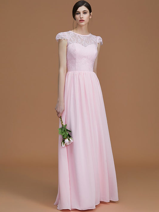 A-Line/Princess Jewel Short Sleeves Floor-Length Lace Chiffon Bridesmaid Dresses Formal Evening Dress