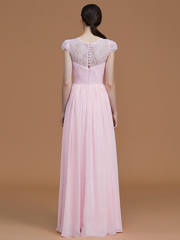A-Line/Princess Jewel Short Sleeves Floor-Length Lace Chiffon Bridesmaid Dresses Formal Evening Dress