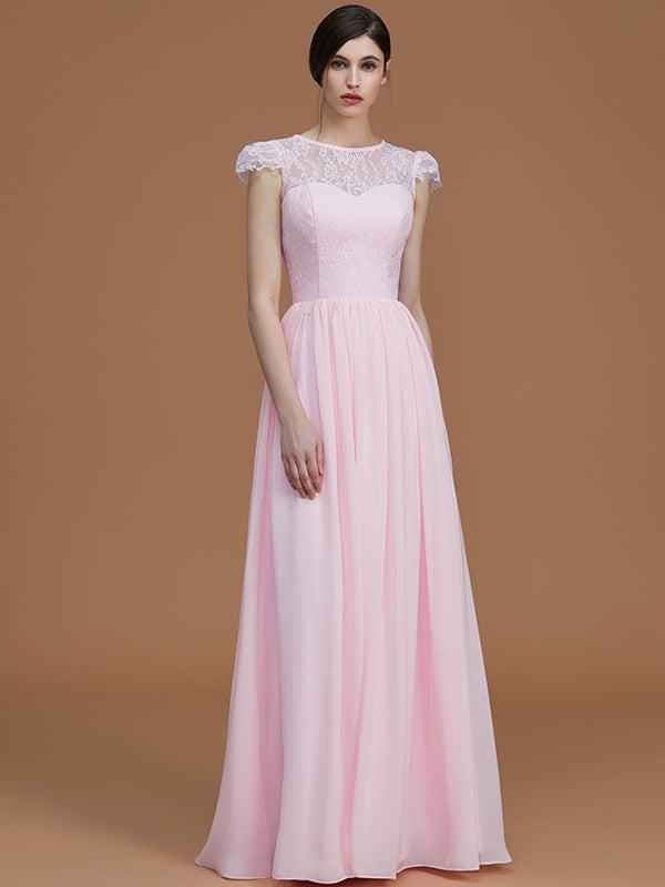 A-Line/Princess Jewel Short Sleeves Floor-Length Lace Chiffon Bridesmaid Dresses Formal Evening Dress