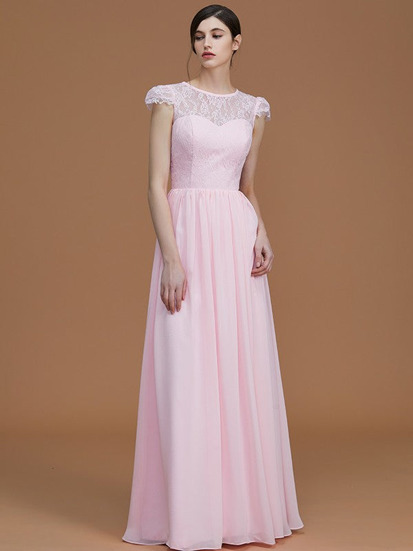 A-Line/Princess Jewel Short Sleeves Floor-Length Lace Chiffon Bridesmaid Dresses Formal Evening Dress