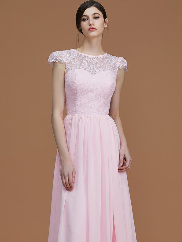 A-Line/Princess Jewel Short Sleeves Floor-Length Lace Chiffon Bridesmaid Dresses Formal Evening Dress