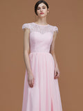 A-Line/Princess Jewel Short Sleeves Floor-Length Lace Chiffon Bridesmaid Dresses Formal Evening Dress