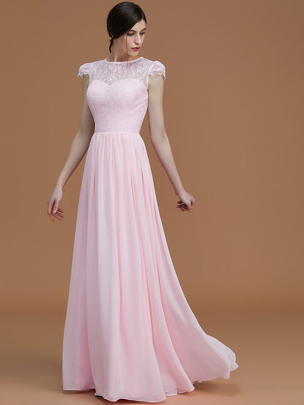 A-Line/Princess Jewel Short Sleeves Floor-Length Lace Chiffon Bridesmaid Dresses Formal Evening Dress