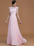 A-Line/Princess Jewel Short Sleeves Floor-Length Lace Chiffon Bridesmaid Dresses Formal Evening Dress