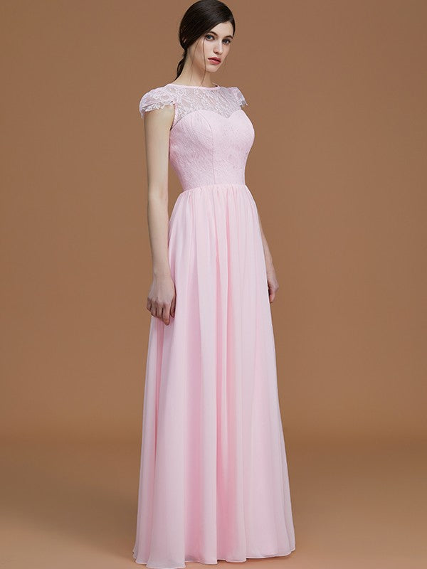 A-Line/Princess Jewel Short Sleeves Floor-Length Lace Chiffon Bridesmaid Dresses Formal Evening Dress