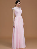 A-Line/Princess Jewel Short Sleeves Floor-Length Lace Chiffon Bridesmaid Dresses Formal Evening Dress