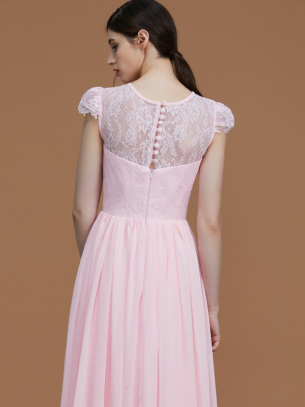 A-Line/Princess Jewel Short Sleeves Floor-Length Lace Chiffon Bridesmaid Dresses Formal Evening Dress