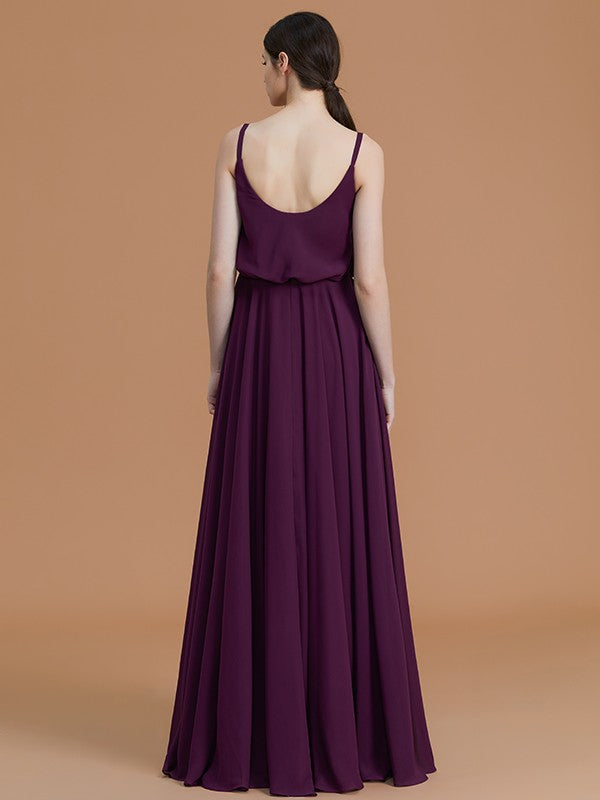 Vestidos de dama de honor de gasa con corte A/princesa, tirantes finos, sin mangas, largo hasta el suelo y volantes