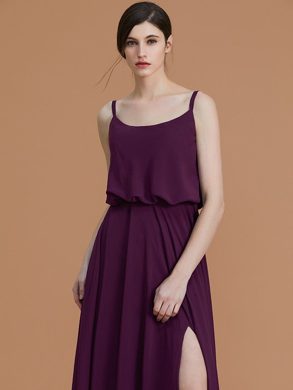 Vestidos de dama de honor de gasa con corte A/princesa, tirantes finos, sin mangas, largo hasta el suelo y volantes
