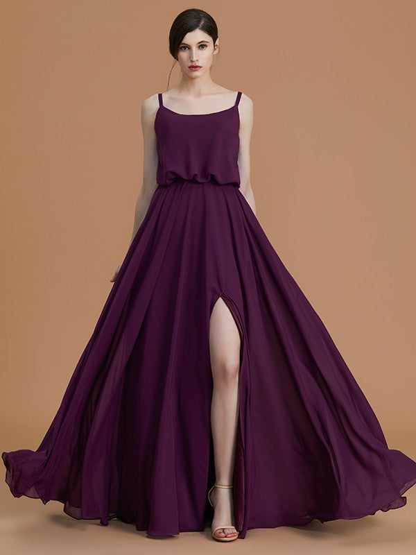 Vestidos de dama de honor de gasa con corte A/princesa, tirantes finos, sin mangas, largo hasta el suelo y volantes