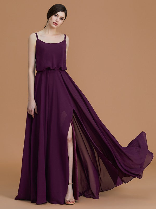 Vestidos de dama de honor de gasa con corte A/princesa, tirantes finos, sin mangas, largo hasta el suelo y volantes