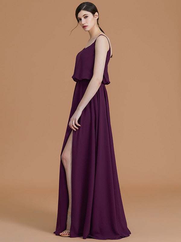 Vestidos de dama de honor de gasa con corte A/princesa, tirantes finos, sin mangas, largo hasta el suelo y volantes