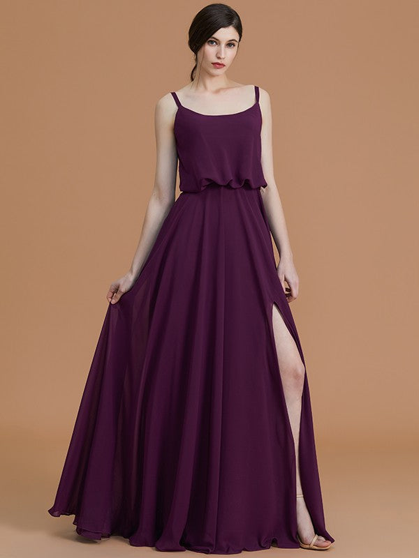 Vestidos de dama de honor de gasa con corte A/princesa, tirantes finos, sin mangas, largo hasta el suelo y volantes