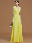 A-Line/Princess V-neck Sleeveless Floor-Length Ruched Chiffon Bridesmaid Dresses Evening Prom Dress