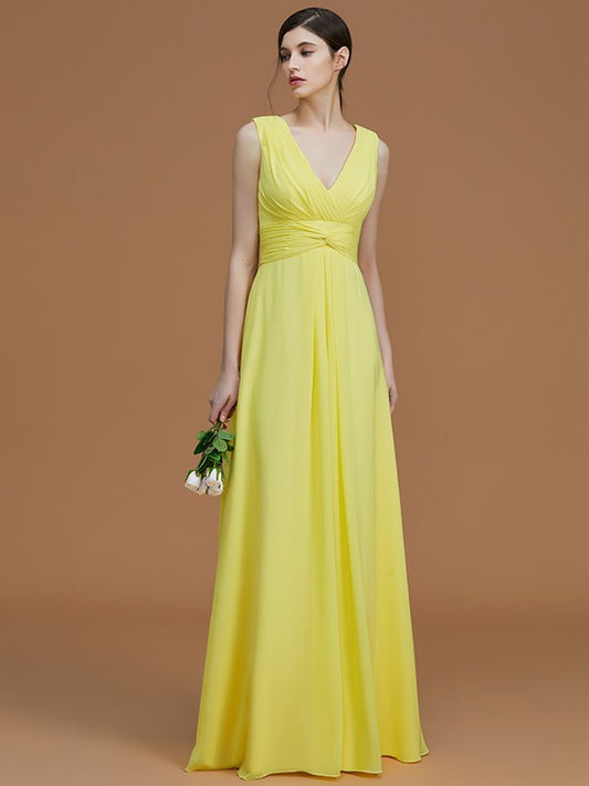 A-Line/Princess V-neck Sleeveless Floor-Length Ruched Chiffon Bridesmaid Dresses Evening Prom Dress