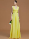 A-Line/Princess V-neck Sleeveless Floor-Length Ruched Chiffon Bridesmaid Dresses Evening Prom Dress