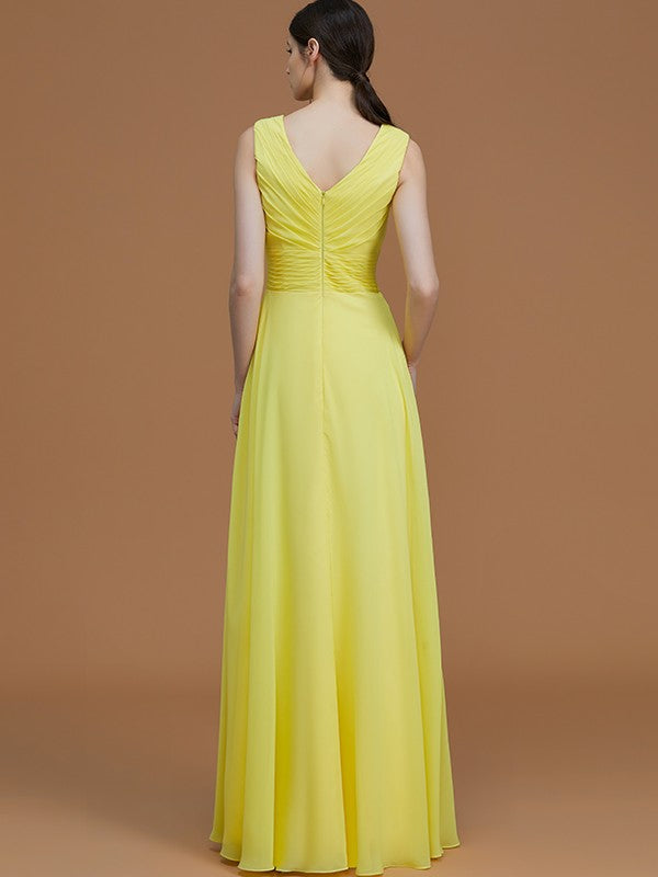 A-Line/Princess V-neck Sleeveless Floor-Length Ruched Chiffon Bridesmaid Dresses Evening Prom Dress
