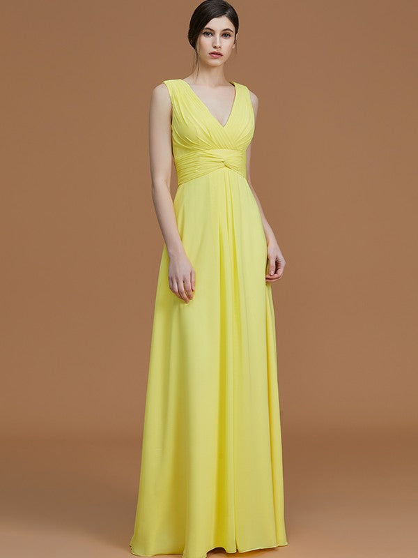 A-Line/Princess V-neck Sleeveless Floor-Length Ruched Chiffon Bridesmaid Dresses Evening Prom Dress
