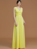 A-Line/Princess V-neck Sleeveless Floor-Length Ruched Chiffon Bridesmaid Dresses Evening Prom Dress