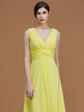 A-Line/Princess V-neck Sleeveless Floor-Length Ruched Chiffon Bridesmaid Dresses Evening Prom Dress
