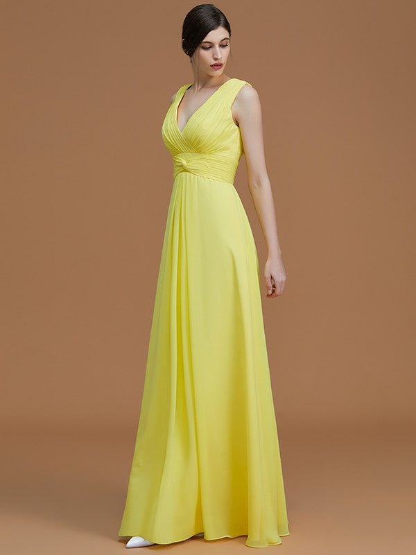 A-Line/Princess V-neck Sleeveless Floor-Length Ruched Chiffon Bridesmaid Dresses Evening Prom Dress
