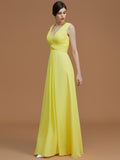 A-Line/Princess V-neck Sleeveless Floor-Length Ruched Chiffon Bridesmaid Dresses Evening Prom Dress