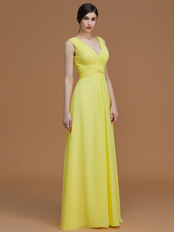 A-Line/Princess V-neck Sleeveless Floor-Length Ruched Chiffon Bridesmaid Dresses Evening Prom Dress