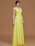 A-Line/Princess V-neck Sleeveless Floor-Length Ruched Chiffon Bridesmaid Dresses Evening Prom Dress