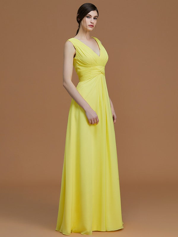 A-Line/Princess V-neck Sleeveless Floor-Length Ruched Chiffon Bridesmaid Dresses Evening Prom Dress
