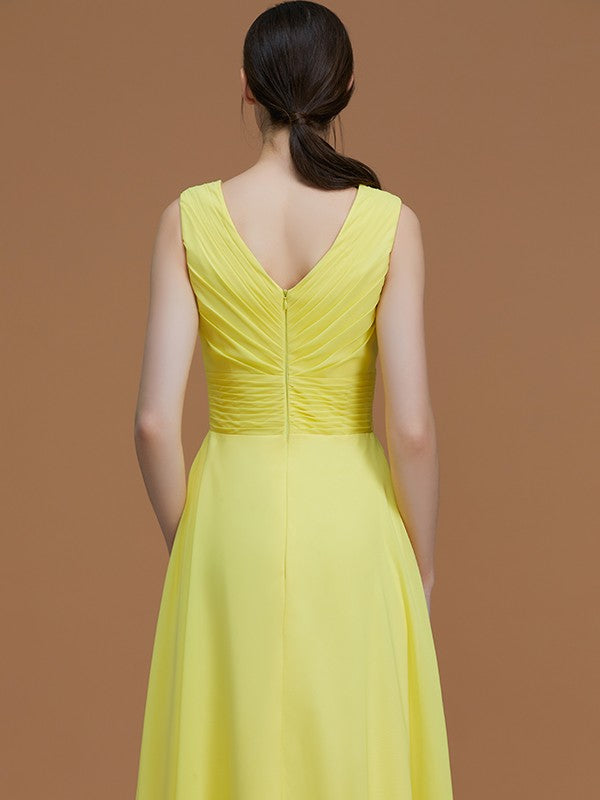 A-Line/Princess V-neck Sleeveless Floor-Length Ruched Chiffon Bridesmaid Dresses Evening Prom Dress