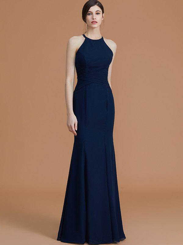 Trumpet/Mermaid Halter Sleeveless Floor-Length Ruched Chiffon Bridesmaid Dresses Evening Formal Dress
