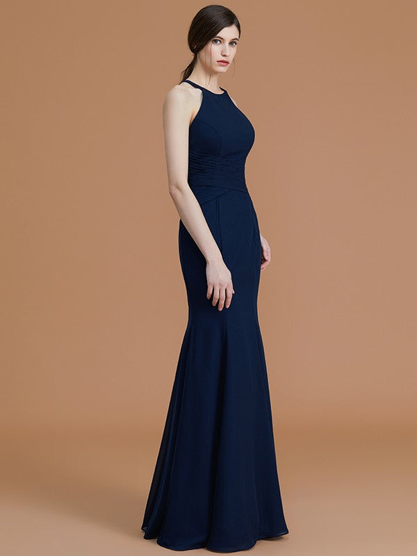 Trumpet/Mermaid Halter Sleeveless Floor-Length Ruched Chiffon Bridesmaid Dresses Evening Formal Dress