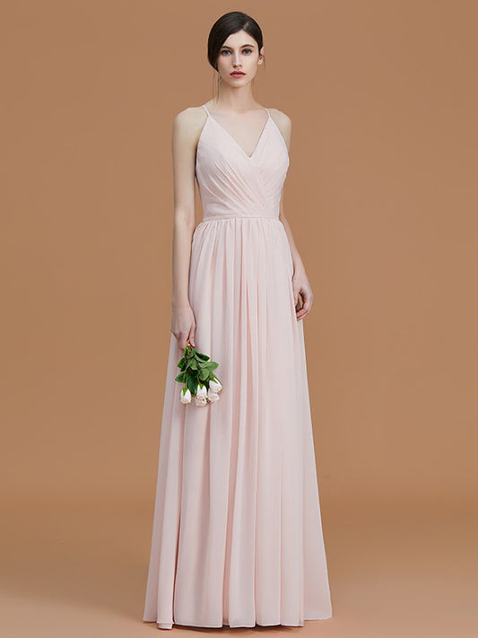 A-Line/Princess Spaghetti Straps Sleeveless Floor-Length Ruched Chiffon Bridesmaid Dresses Evening Prom Dress