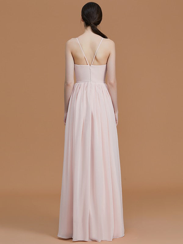 A-Line/Princess Spaghetti Straps Sleeveless Floor-Length Ruched Chiffon Bridesmaid Dresses Evening Prom Dress