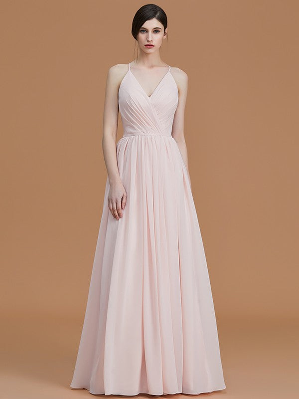 A-Line/Princess Spaghetti Straps Sleeveless Floor-Length Ruched Chiffon Bridesmaid Dresses Evening Prom Dress