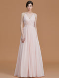 A-Line/Princess Spaghetti Straps Sleeveless Floor-Length Ruched Chiffon Bridesmaid Dresses Evening Prom Dress