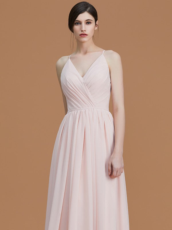A-Line/Princess Spaghetti Straps Sleeveless Floor-Length Ruched Chiffon Bridesmaid Dresses Evening Prom Dress