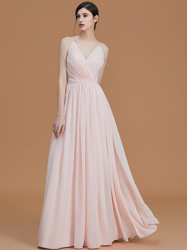 A-Line/Princess Spaghetti Straps Sleeveless Floor-Length Ruched Chiffon Bridesmaid Dresses Evening Prom Dress